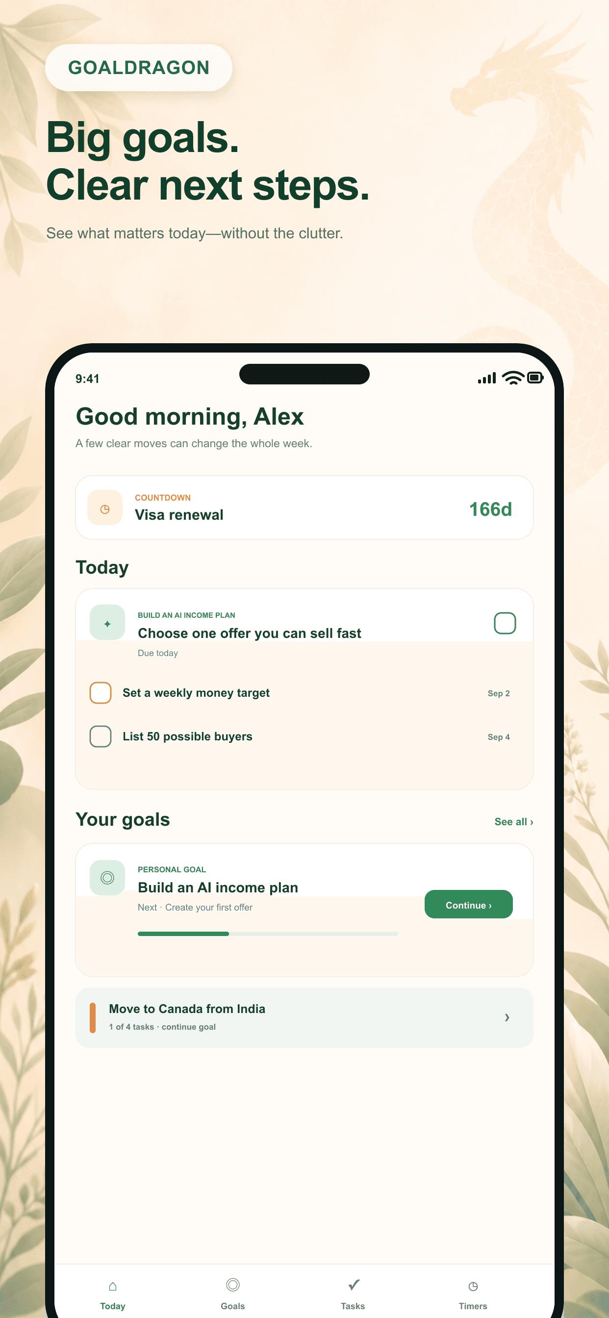 GoalDragon Today screen showing goals, tasks, and a countdown